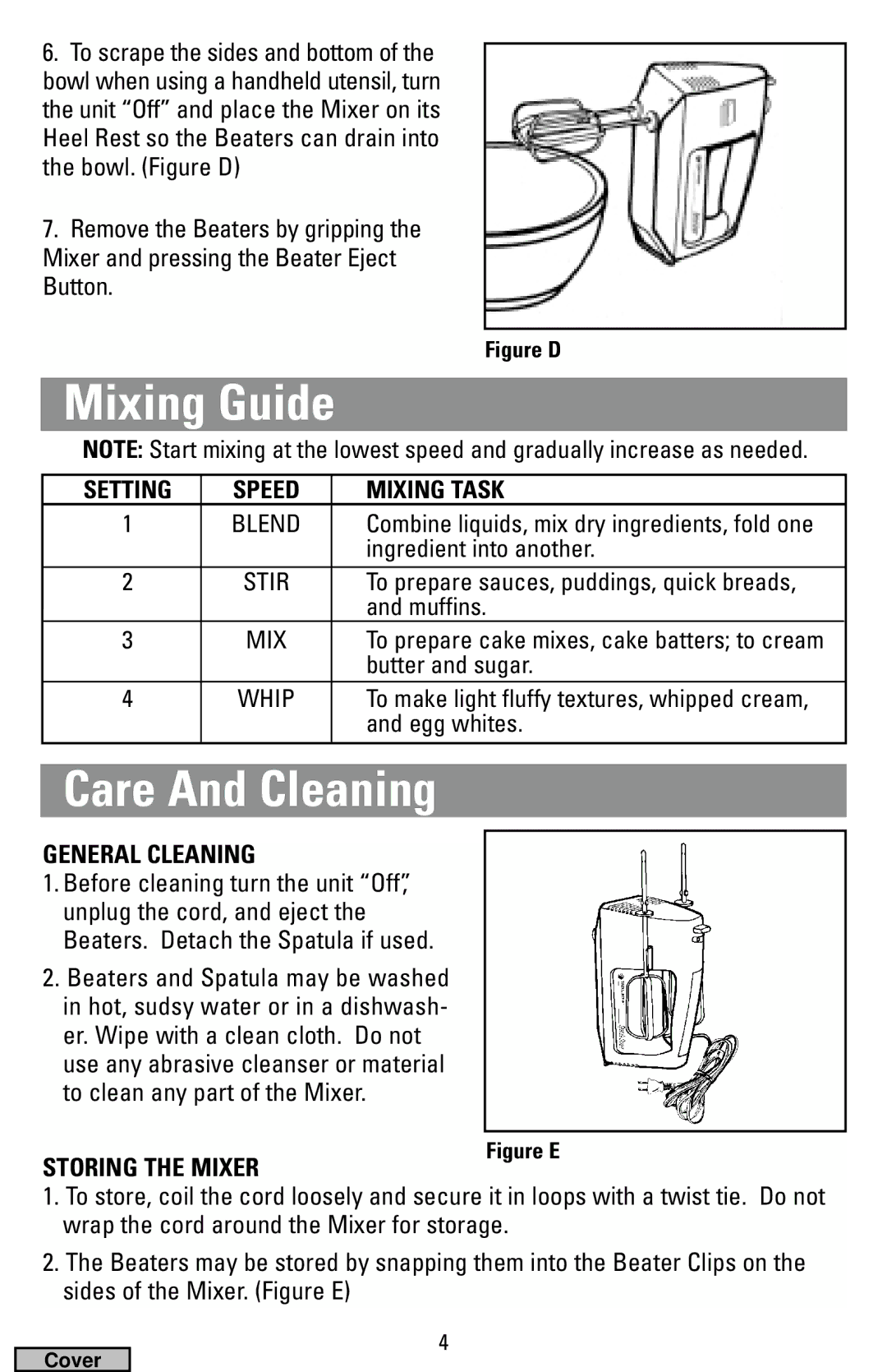 Black & Decker MX40 manual Setting Speed Mixing Task, General Cleaning, Storing the Mixer 