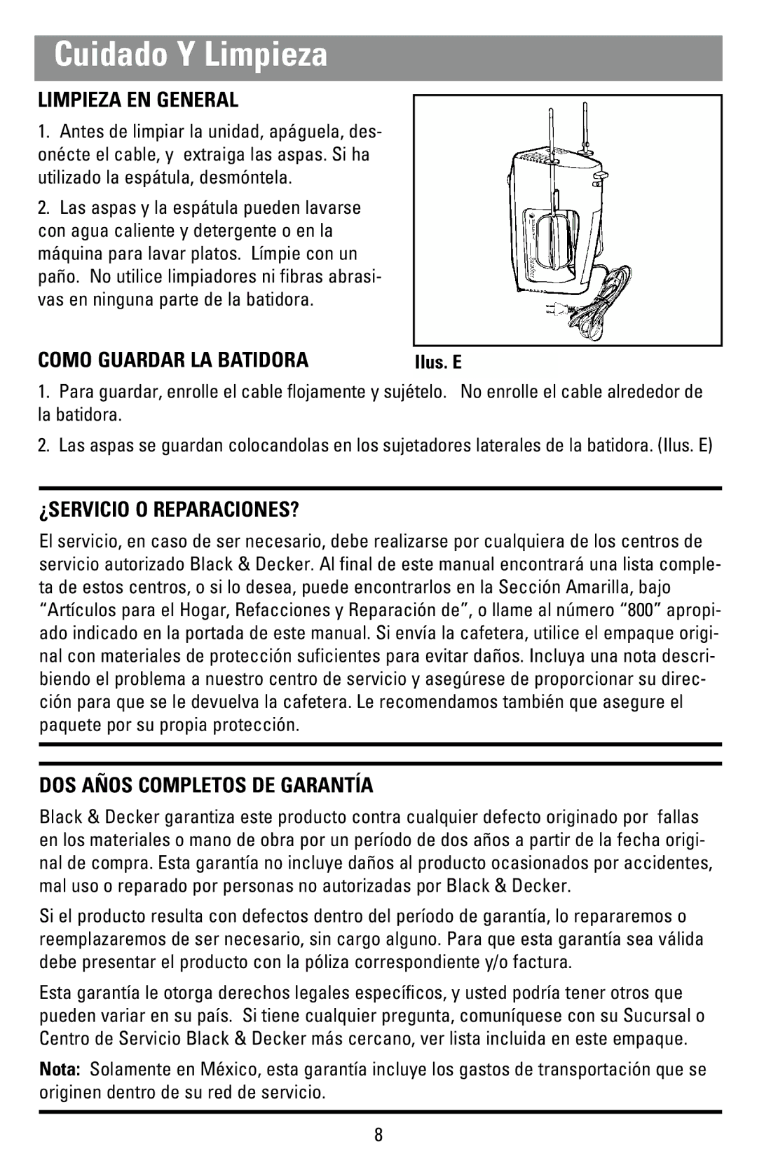 Black & Decker MX40 manual Cuidado Y Limpieza, Limpieza EN General, Como Guardar LA Batidora, ¿Servicio O Reparaciones? 