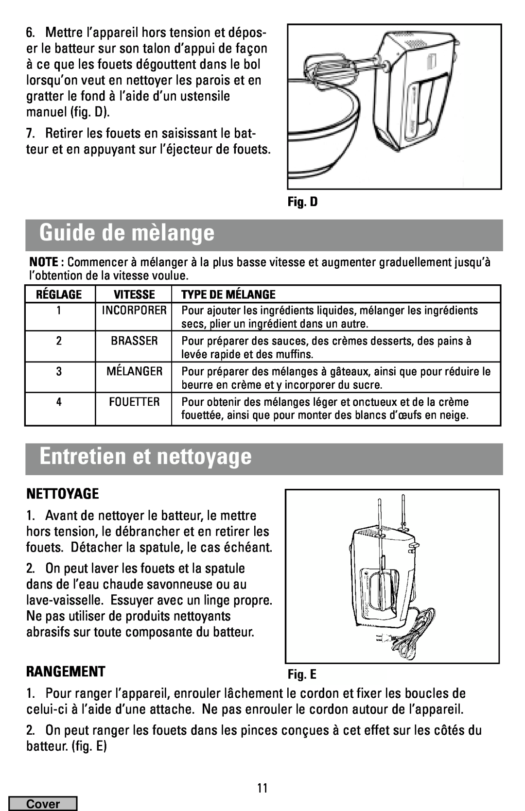 Black & Decker MX40 manual Guide de mèlange, Entretien et nettoyage, Nettoyage, Rangement, Fig. D 