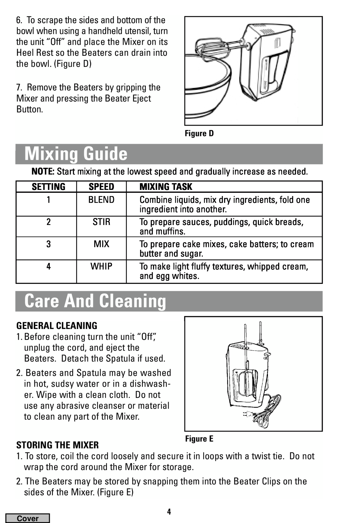 Black & Decker MX40 Mixing Guide, Care And Cleaning, Setting, Speed, Mixing Task, General Cleaning, Storing The Mixer 