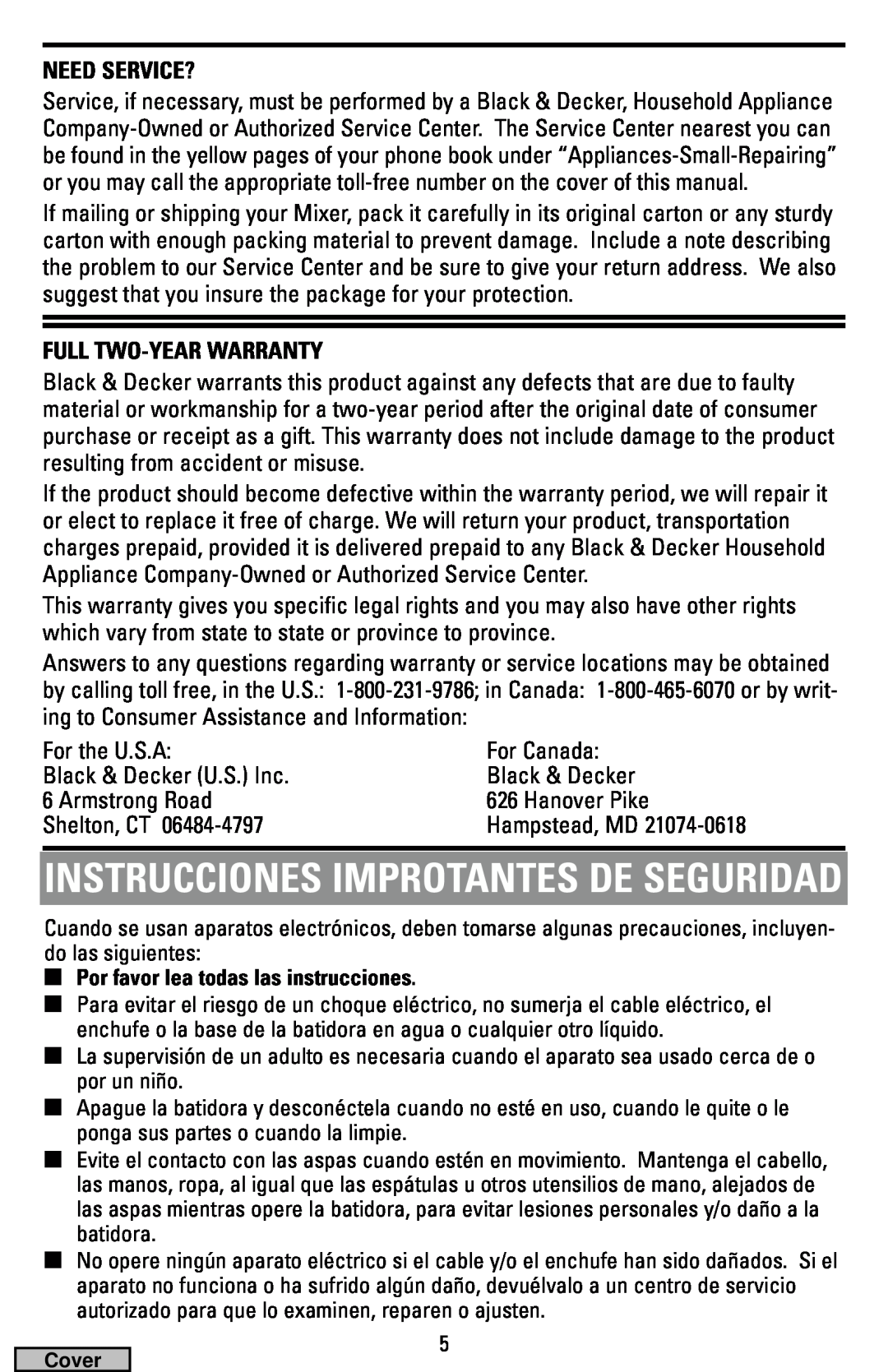 Black & Decker MX40 manual Instrucciones Improtantes De Seguridad, Need Service?, Full Two-Year Warranty 