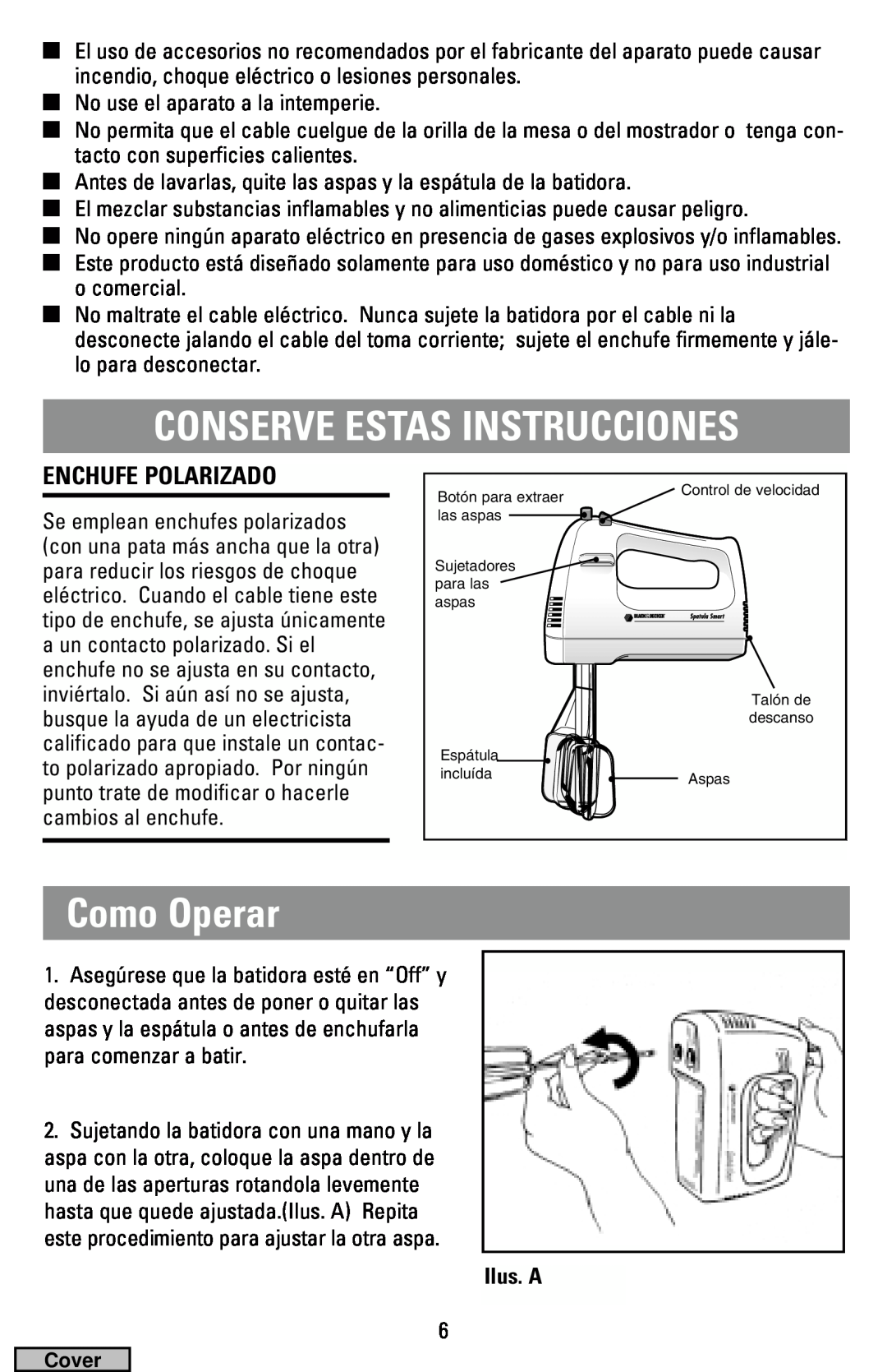 Black & Decker MX40 manual Conserve Estas Instrucciones, Como Operar, Enchufe Polarizado, Ilus. A 