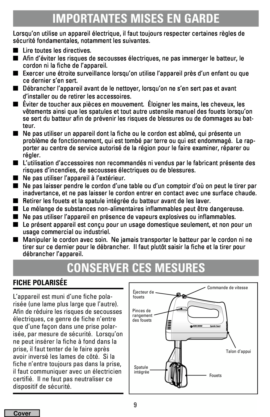 Black & Decker MX40 manual Importantes Mises En Garde, Conserver Ces Mesures, Fiche Polarisée 
