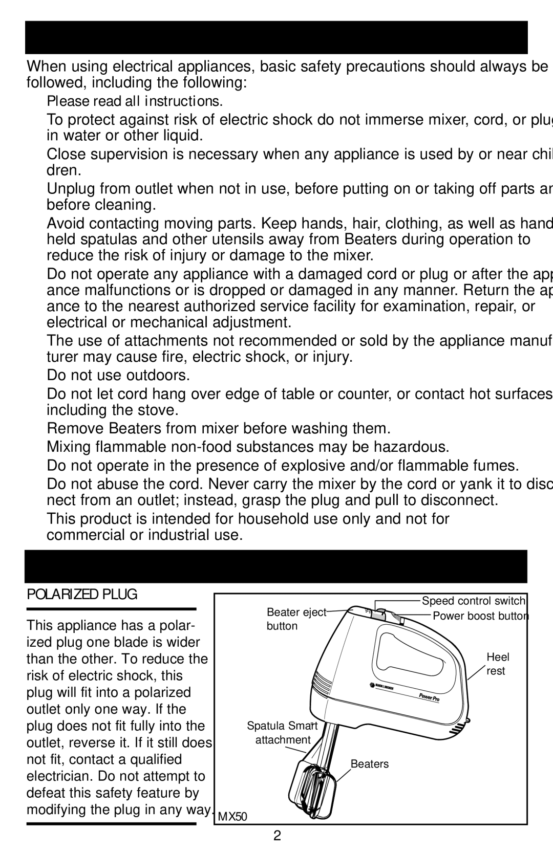 Black & Decker MX70, MX50 manual Please read all instructions, Polarized Plug 