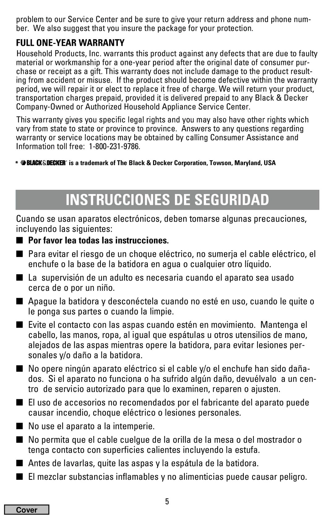 Black & Decker MX50, MX70 manual Instrucciones DE Seguridad, Full ONE-YEAR Warranty, Por favor lea todas las instrucciones 