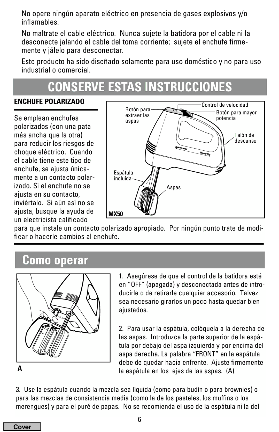 Black & Decker MX70, MX50 manual Conserve Estas Instrucciones, Como operar, Enchufe Polarizado 