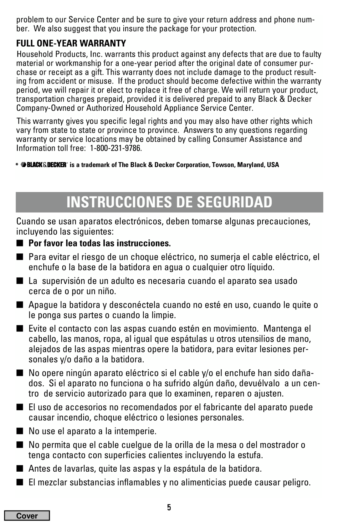 Black & Decker MX50, MX70 manual Instrucciones De Seguridad, Full One-Yearwarranty, Por favor lea todas las instrucciones 