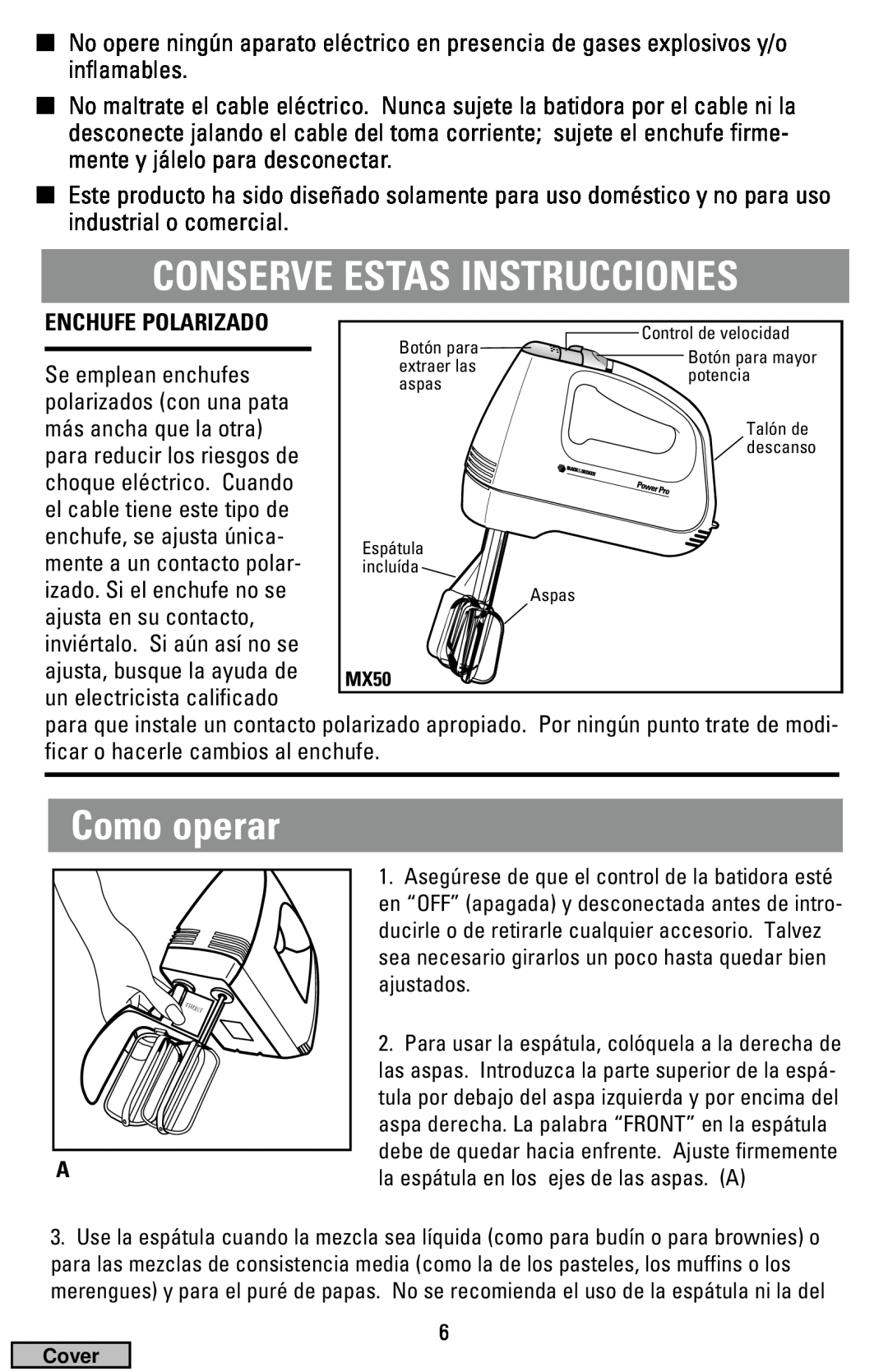 Black & Decker MX70, MX50 manual Conserve Estas Instrucciones, Como operar, Enchufe Polarizado 