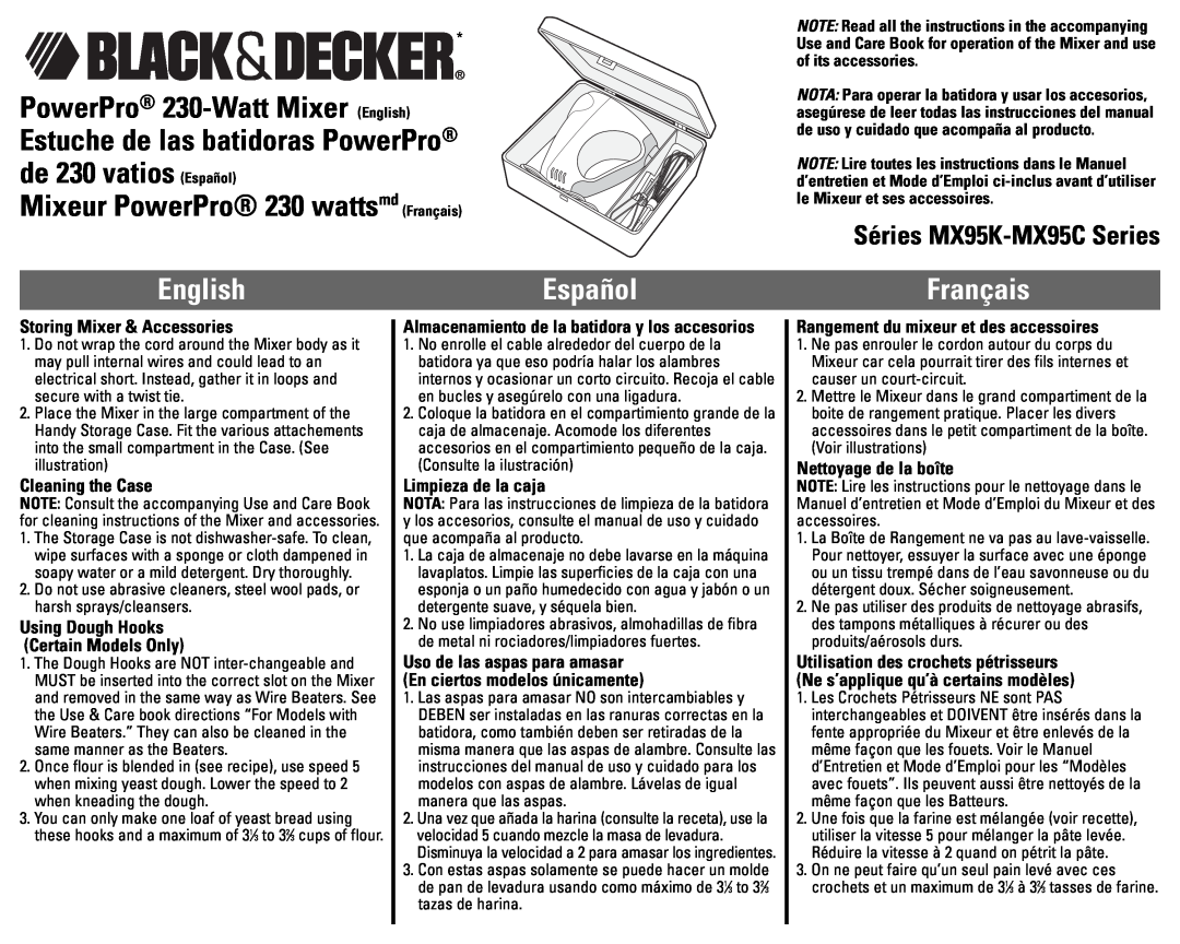 Black & Decker MX95C, MX95K manual Storing Mixer & Accessories, Cleaning the Case, Using Dough Hooks Certain Models Only 