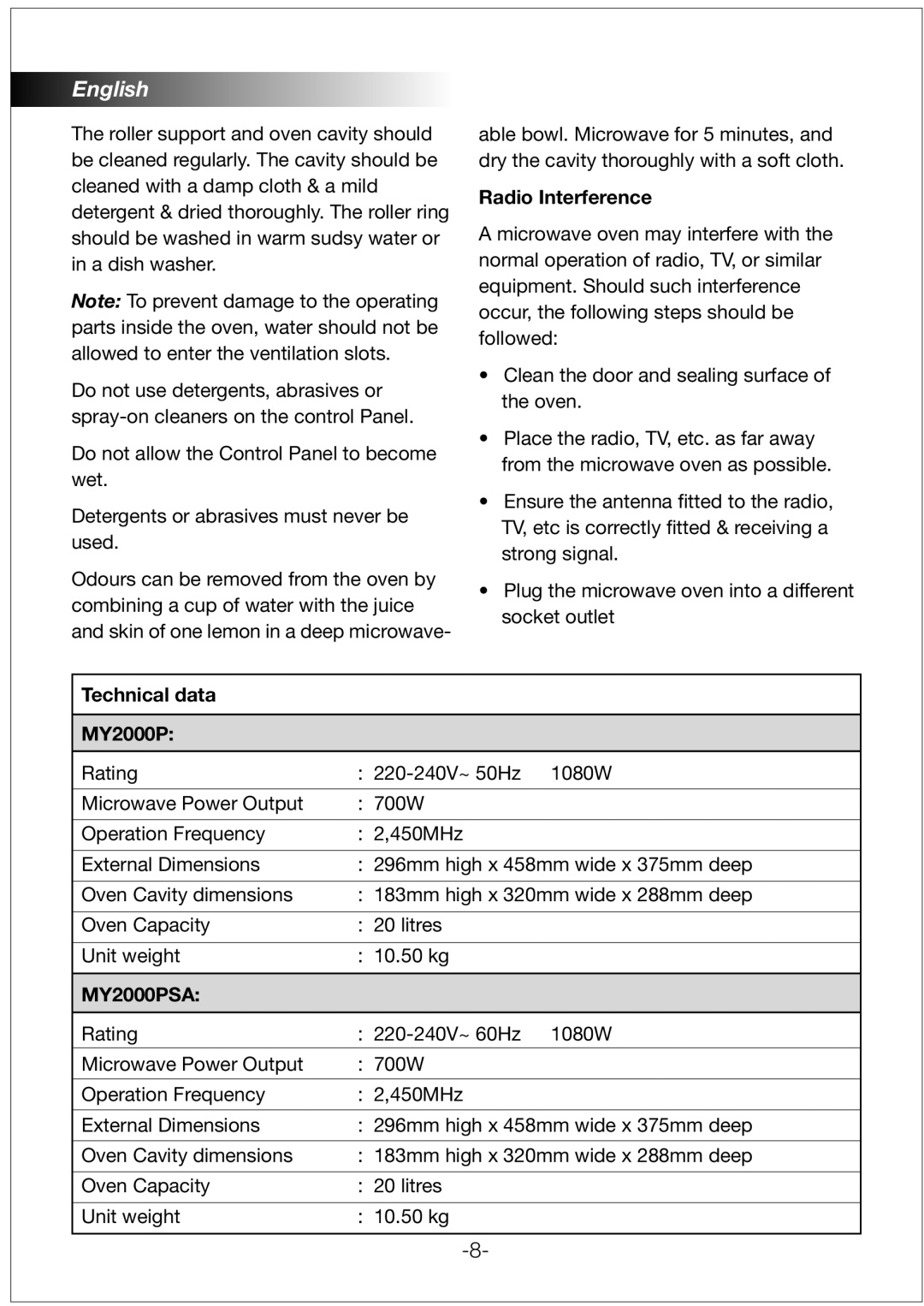 Black & Decker manual Radio Interference, Technical data MY2000P, MY2000PSA 