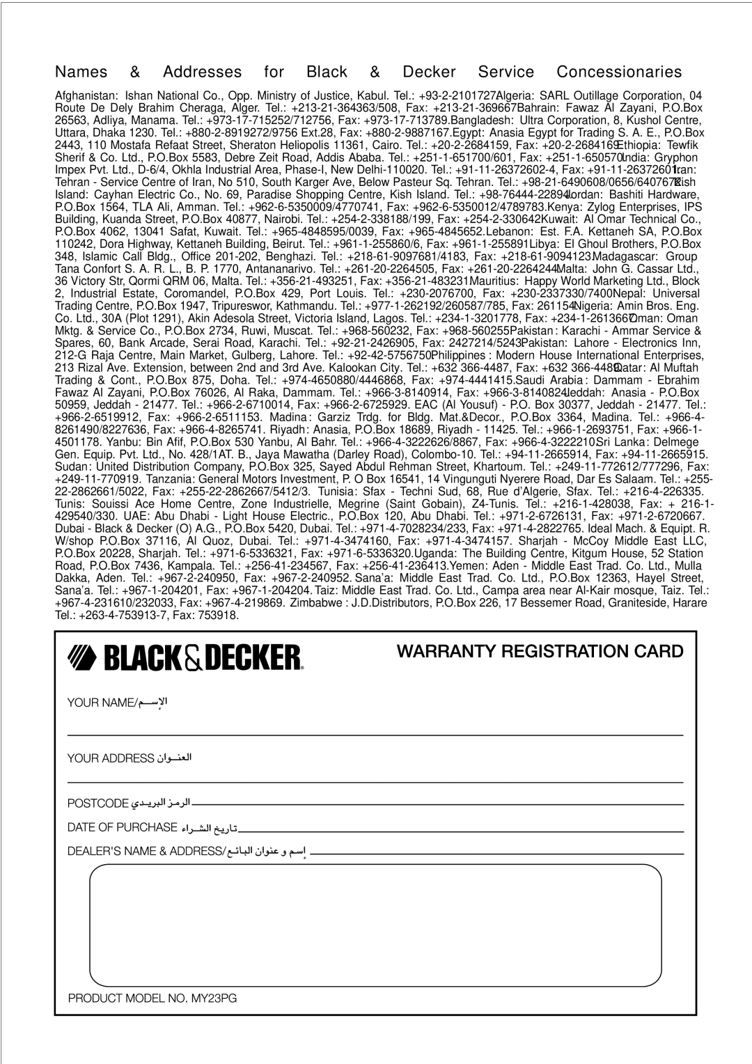 Black & Decker MY23PG manual Names & Addresses for Black & Decker Service Concessionaries 