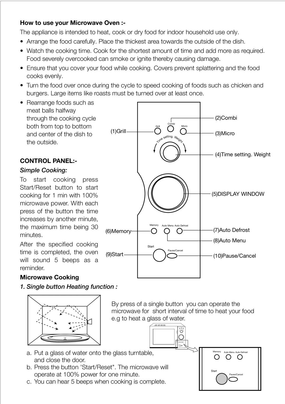 Black & Decker MY26PG How to use your Microwave Oven, Simple Cooking, Microwave Cooking, Single button Heating function 