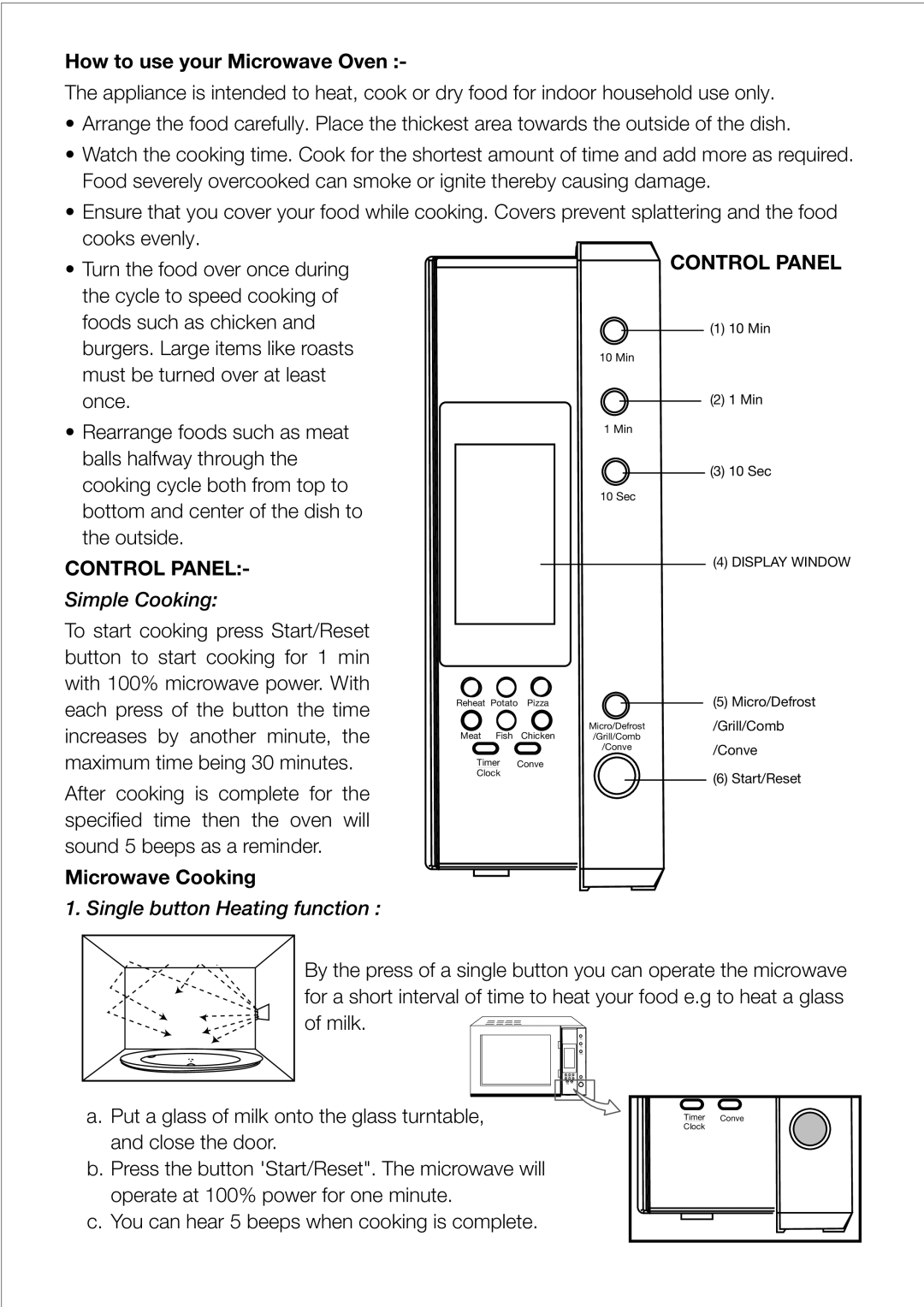 Black & Decker MY30PGCS How to use your Microwave Oven, Simple Cooking, Microwave Cooking, Single button Heating function 