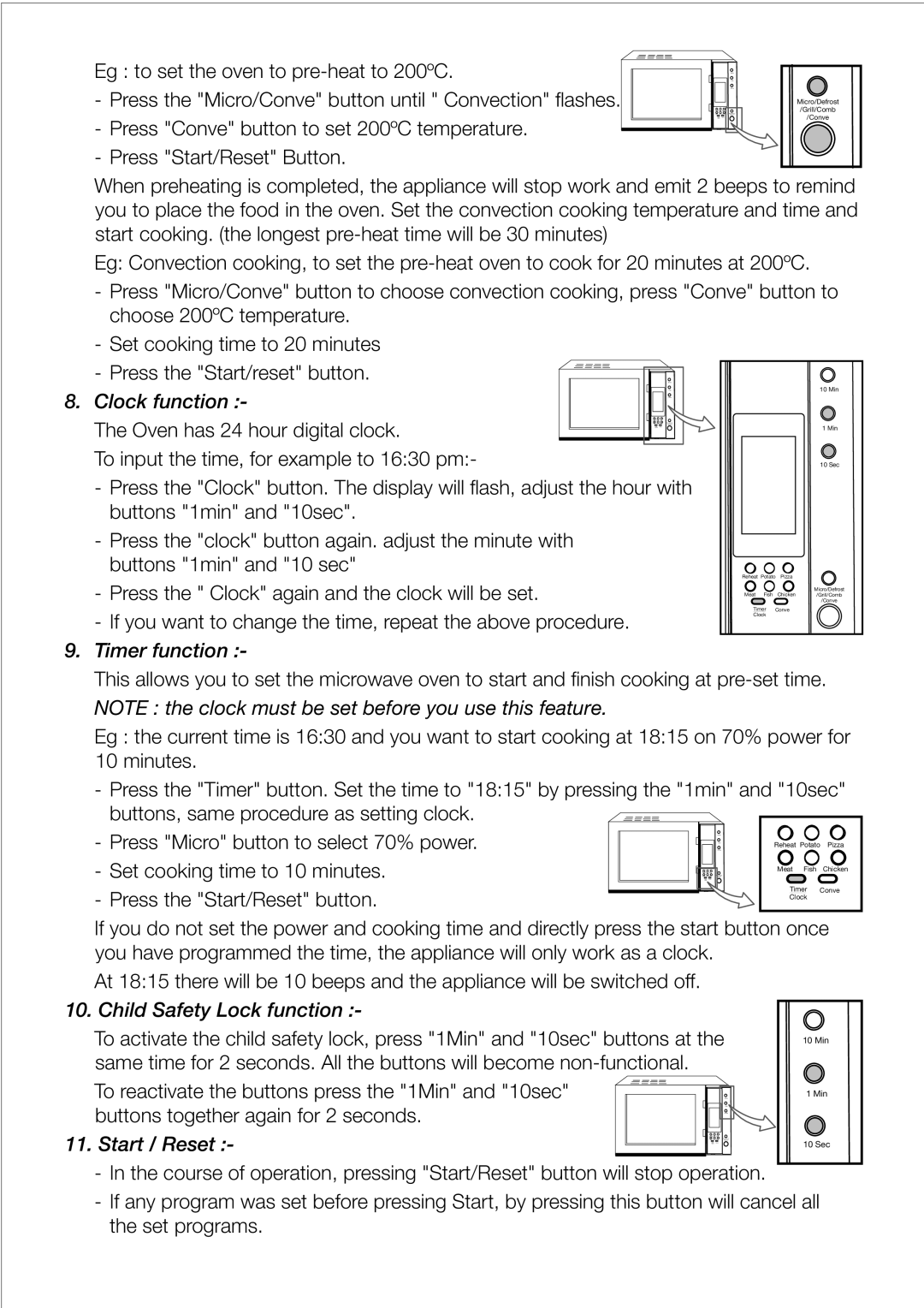 Black & Decker MY30PGCS manual Clock function, Timer function, Child Safety Lock function, Start / Reset 