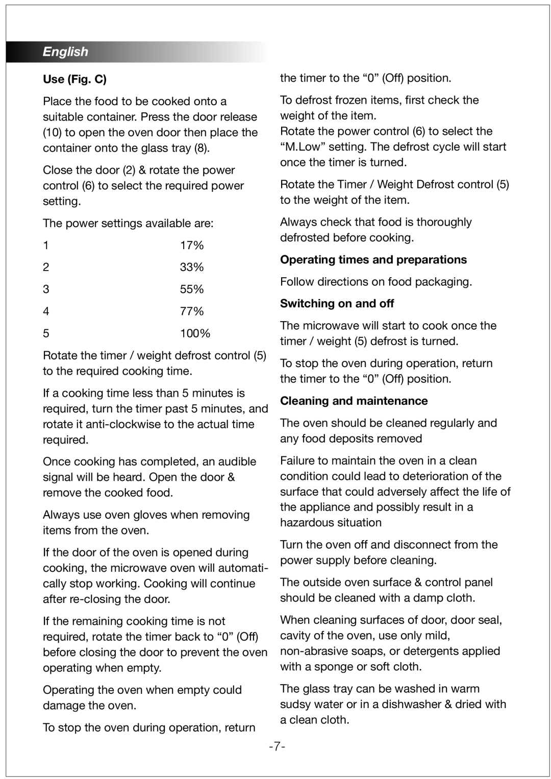 Black & Decker MZ2000P manual Use Fig. C, Operating times and preparations, Switching on and off, Cleaning and maintenance 