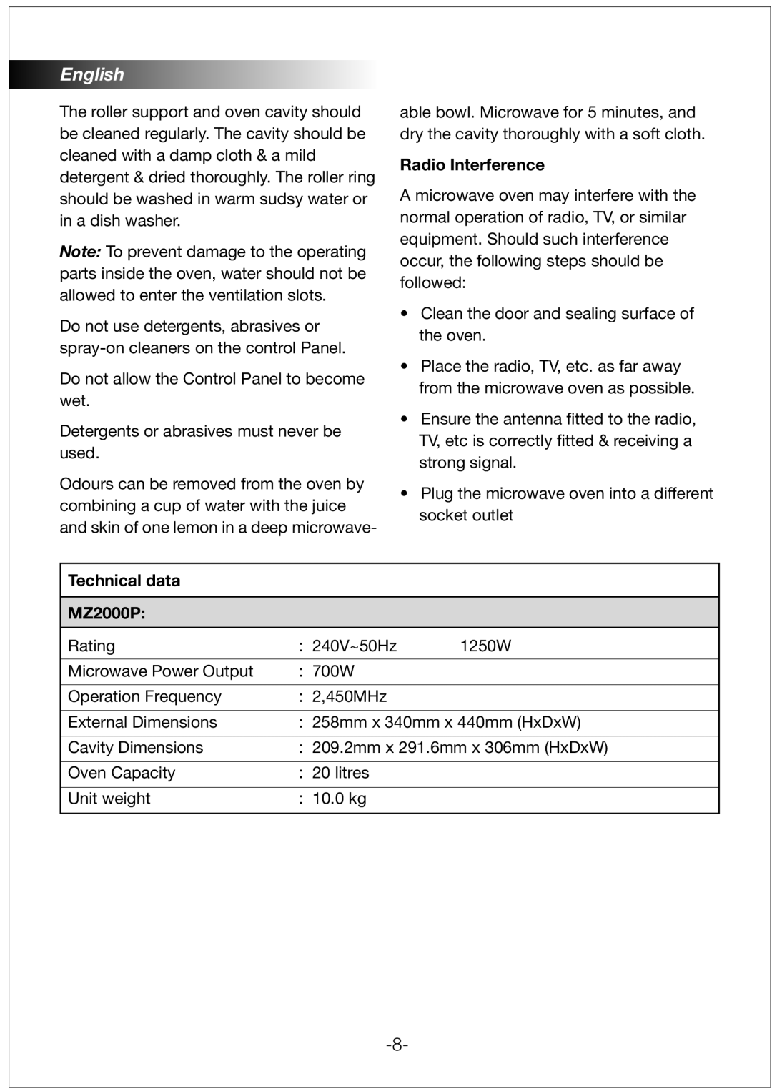 Black & Decker manual Radio Interference, Technical data MZ2000P 