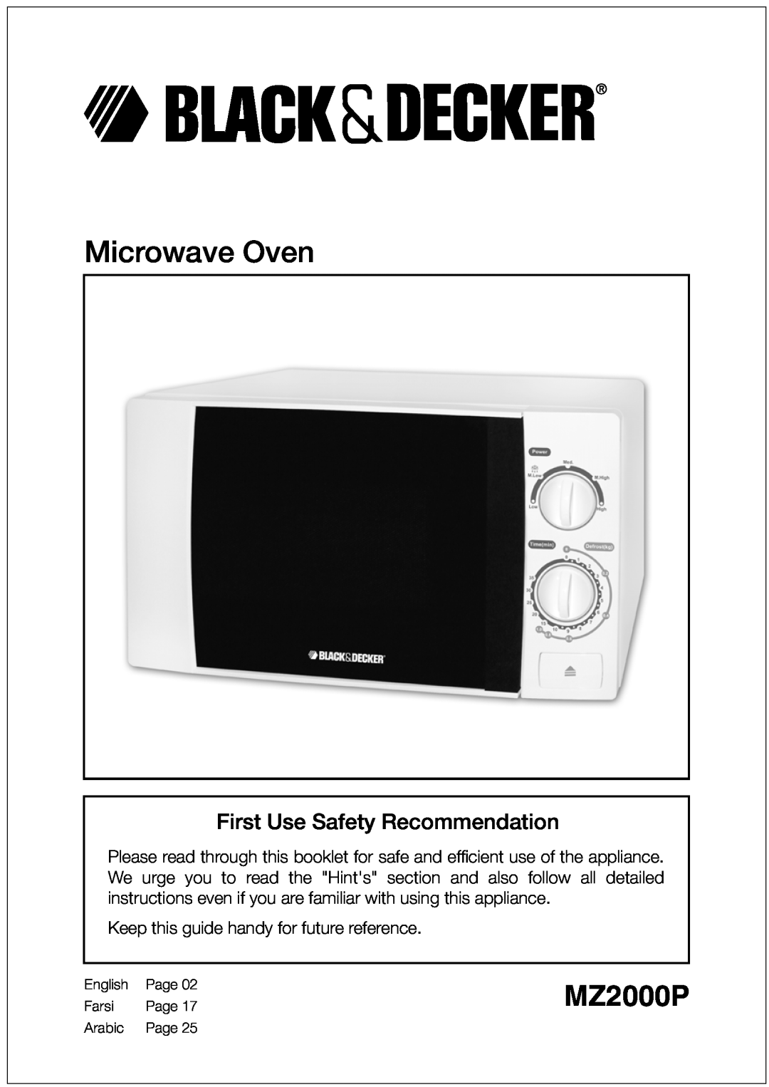 Black & Decker MZ2000P manual First Use Safety Recommendation, Microwave Oven 