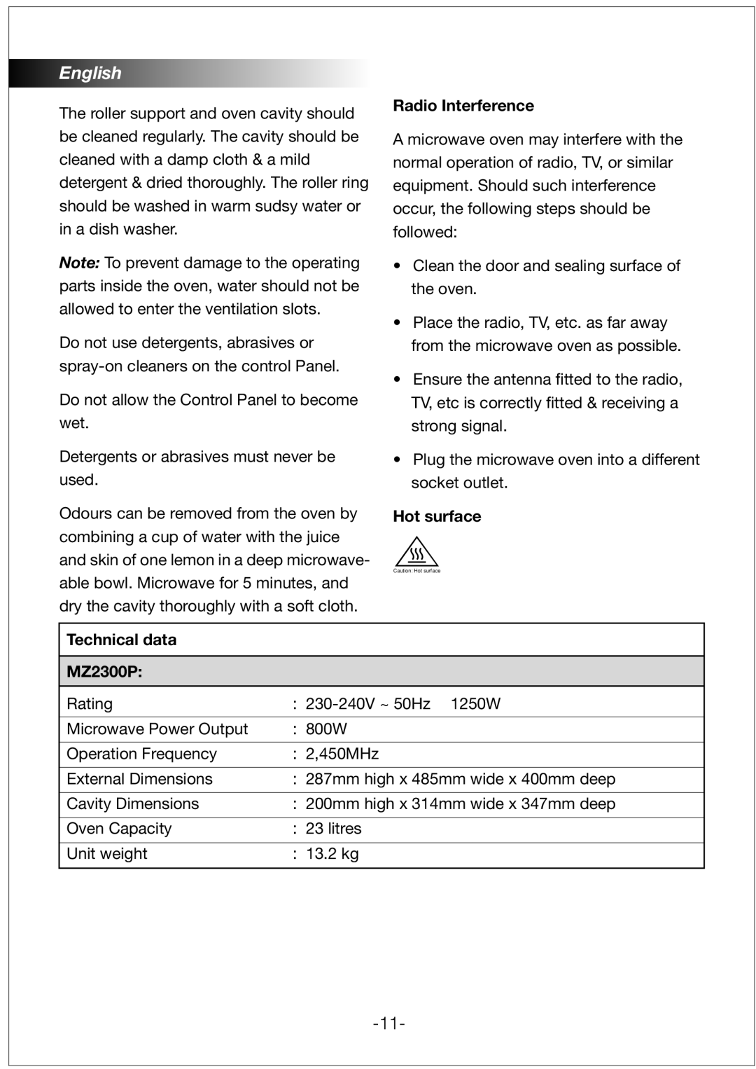 Black & Decker manual Radio Interference, Hot surface Technical data MZ2300P 