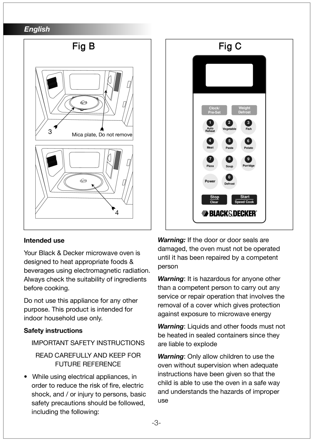 Black & Decker MZ2300P manual Intended use, Safety instructions 