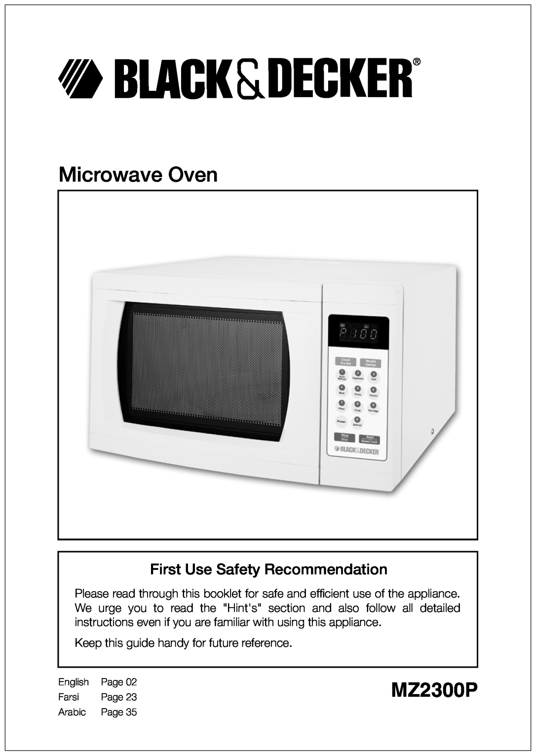 Black & Decker MZ2300P manual First Use Safety Recommendation, Microwave Oven 