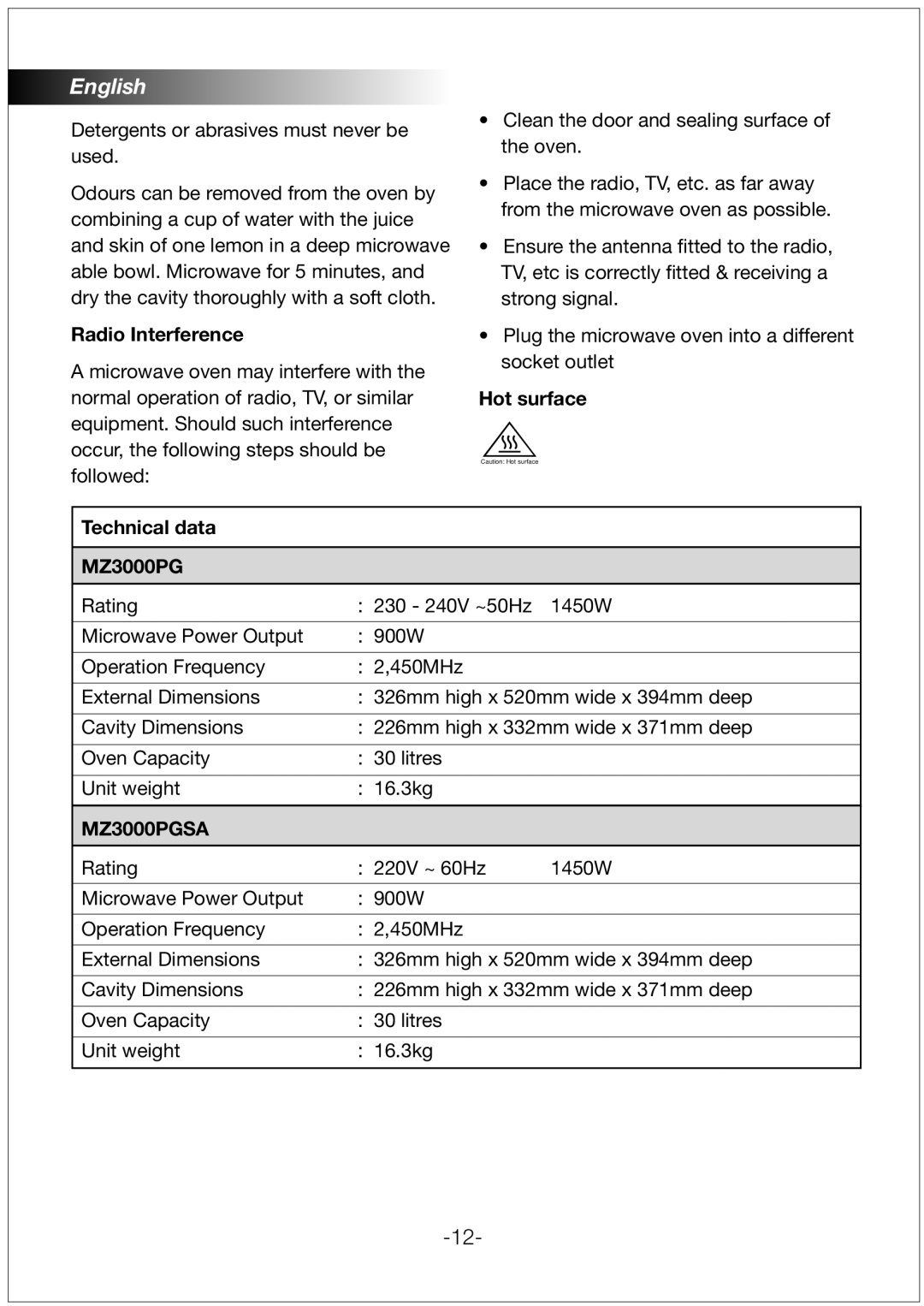 Black & Decker MZ3000PGSA manual Radio Interference, Hot surface Technical data MZ3000PG 