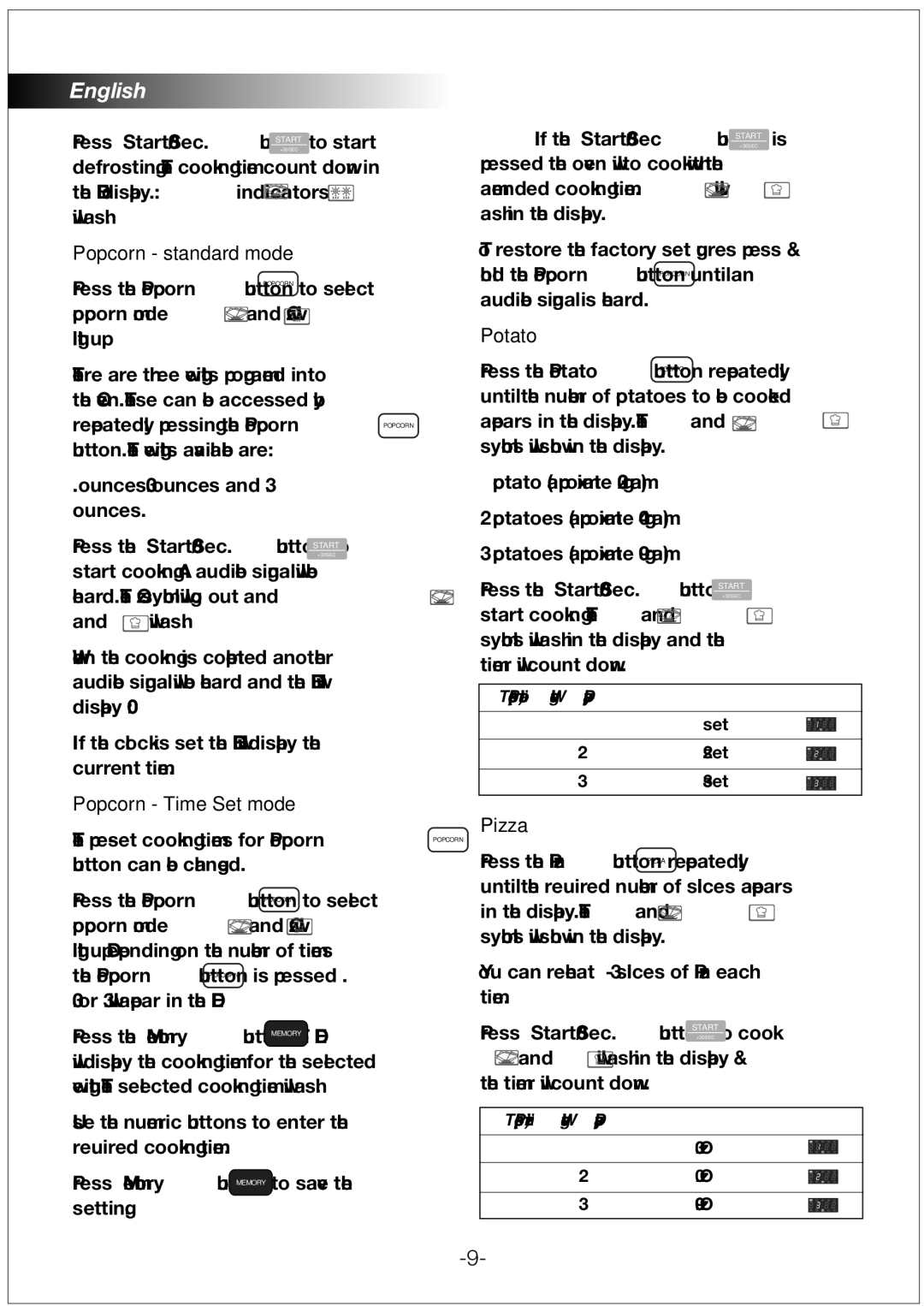 Black & Decker MZ3000PGSA manual Popcorn standard mode, Popcorn Time Set mode, Potato, Pizza, 11set 22set 33set 