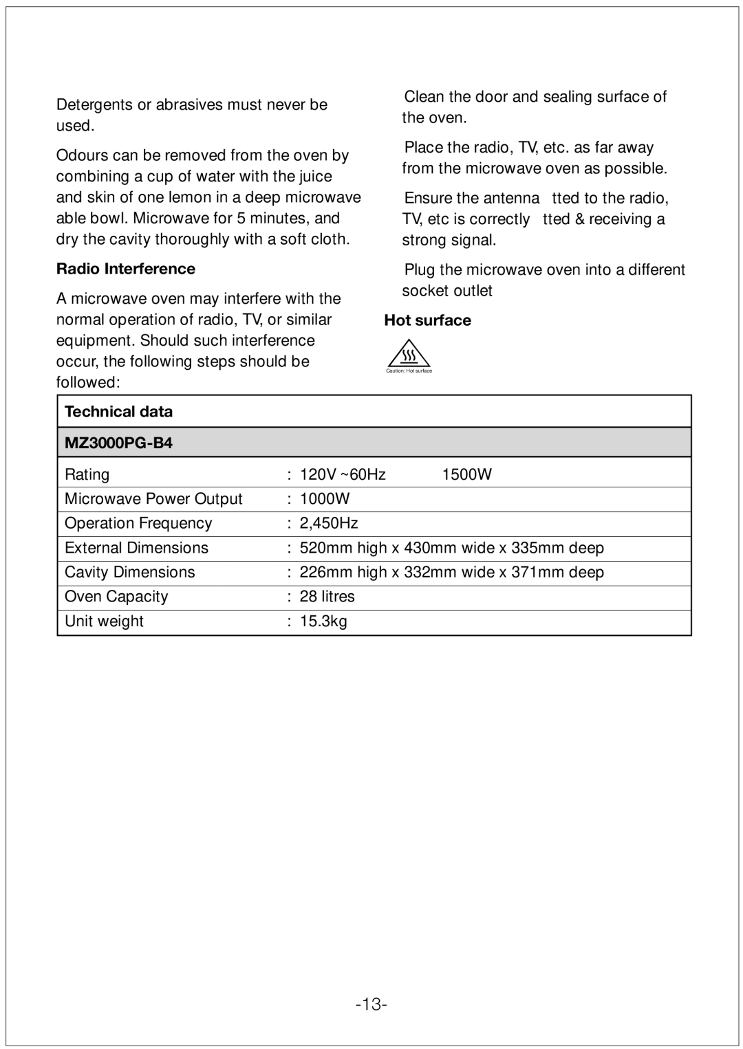 Black & Decker MZ3000PGSA manual Radio Interference, Hot surface Technical data MZ3000PG-B4 