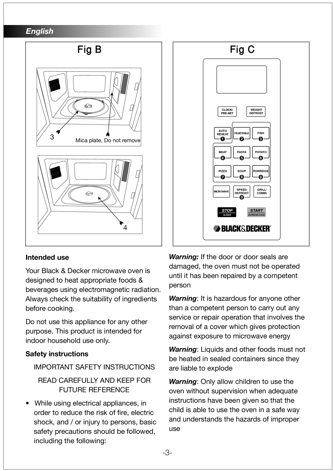 Black & Decker MZ3000PGSA manual Intended use, Safety instructions, Mica plate, Do not remove 