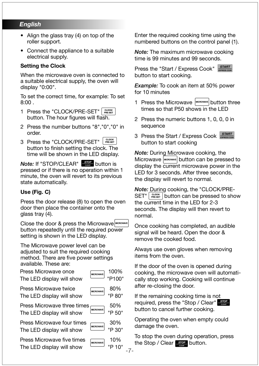 Black & Decker MZ3000PGSA manual Setting the Clock, Use Fig. C, Press Microwave three times 