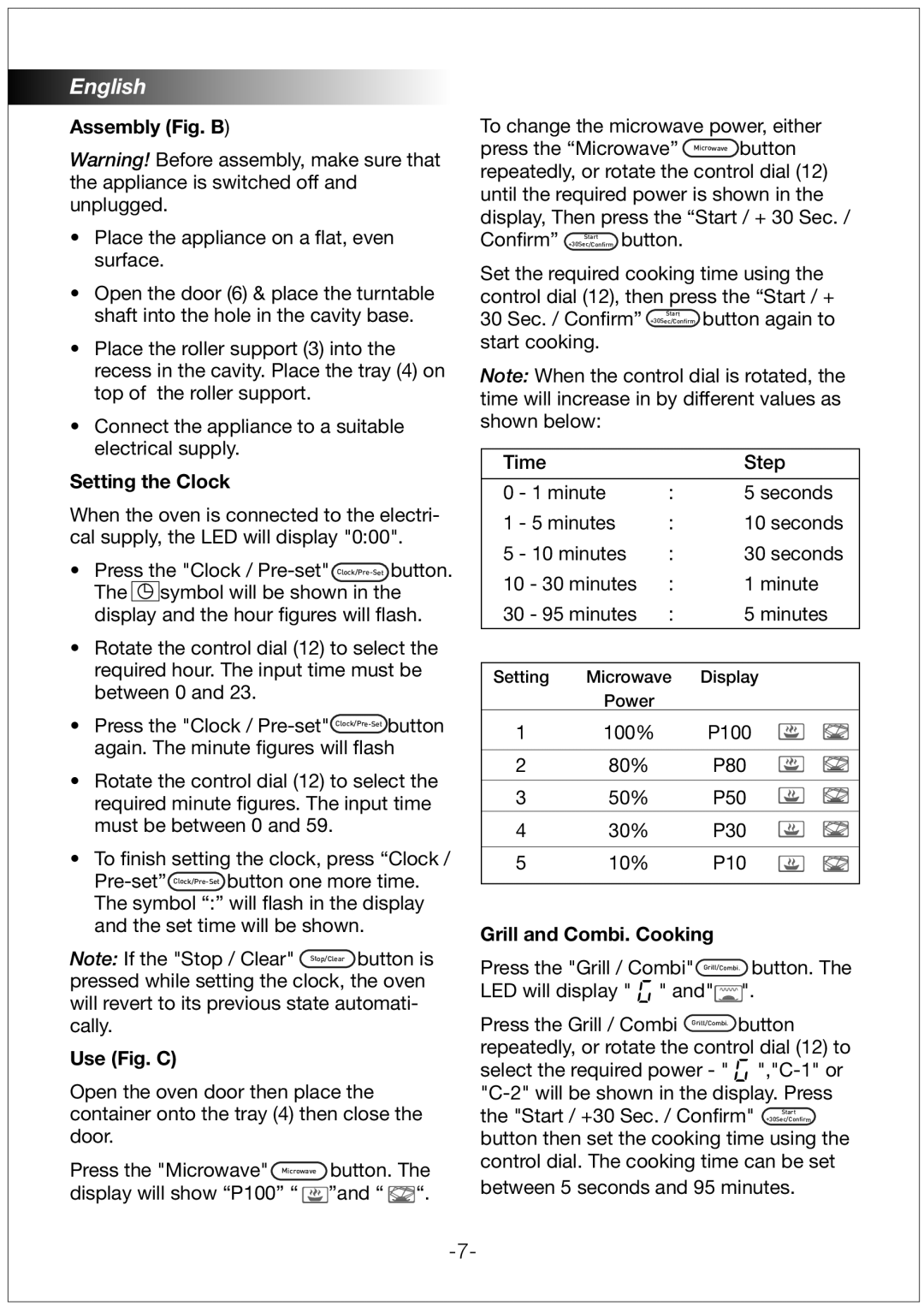 Black & Decker MZ30PGSSI Assembly Fig. B, Setting the Clock, Pre-set, Use Fig. C, Conﬁrm, Button, Grill and Combi. Cooking 