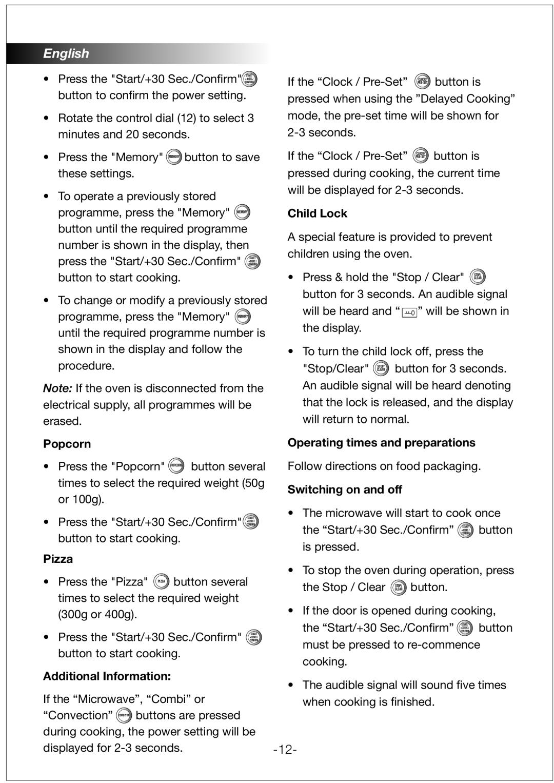 Black & Decker MZ32PCSSI manual Popcorn, Child Lock, Operating times and preparations, Pizza, Additional Information 