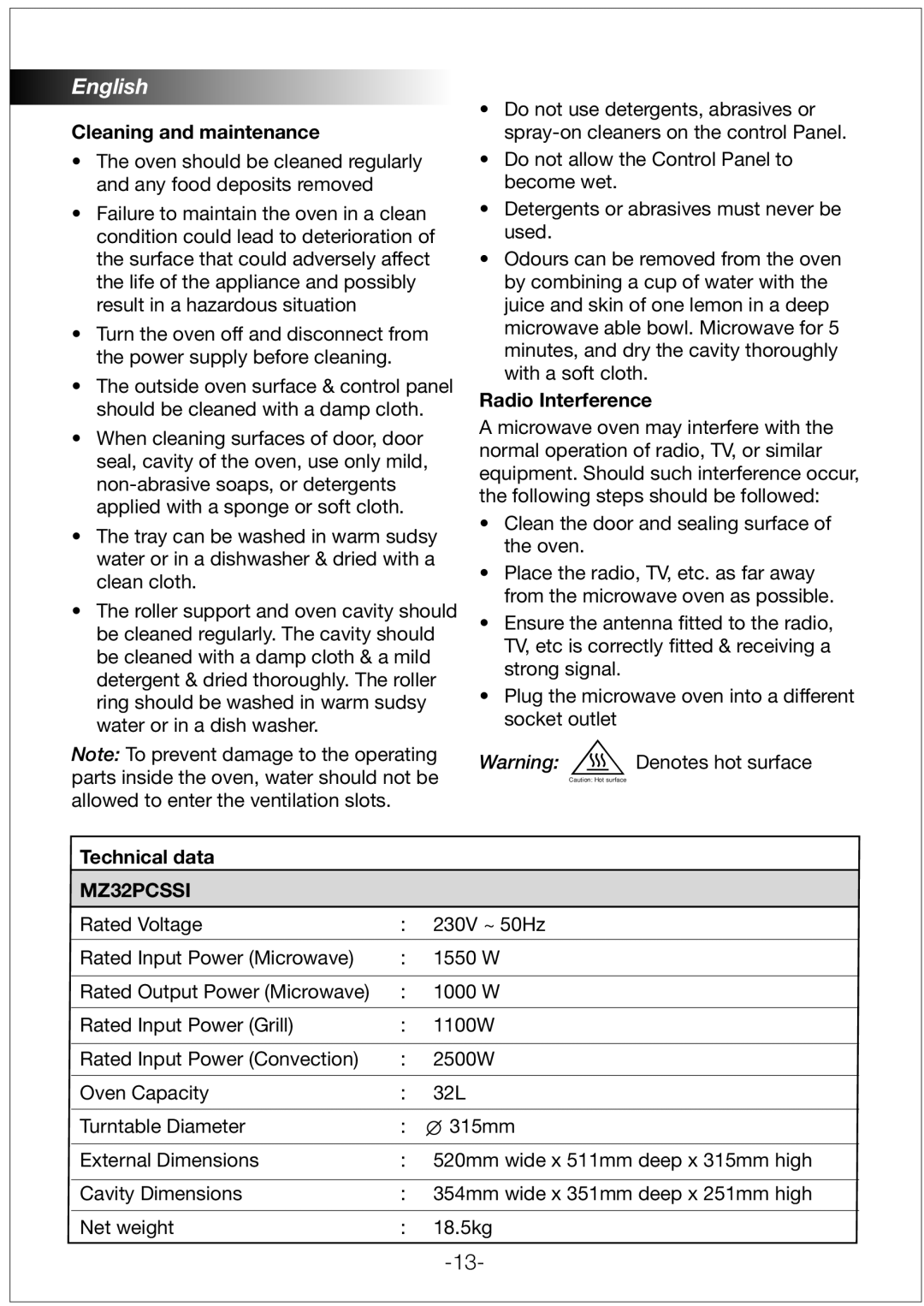 Black & Decker MZ32PCSSI manual Cleaning and maintenance, Radio Interference, Technical data 