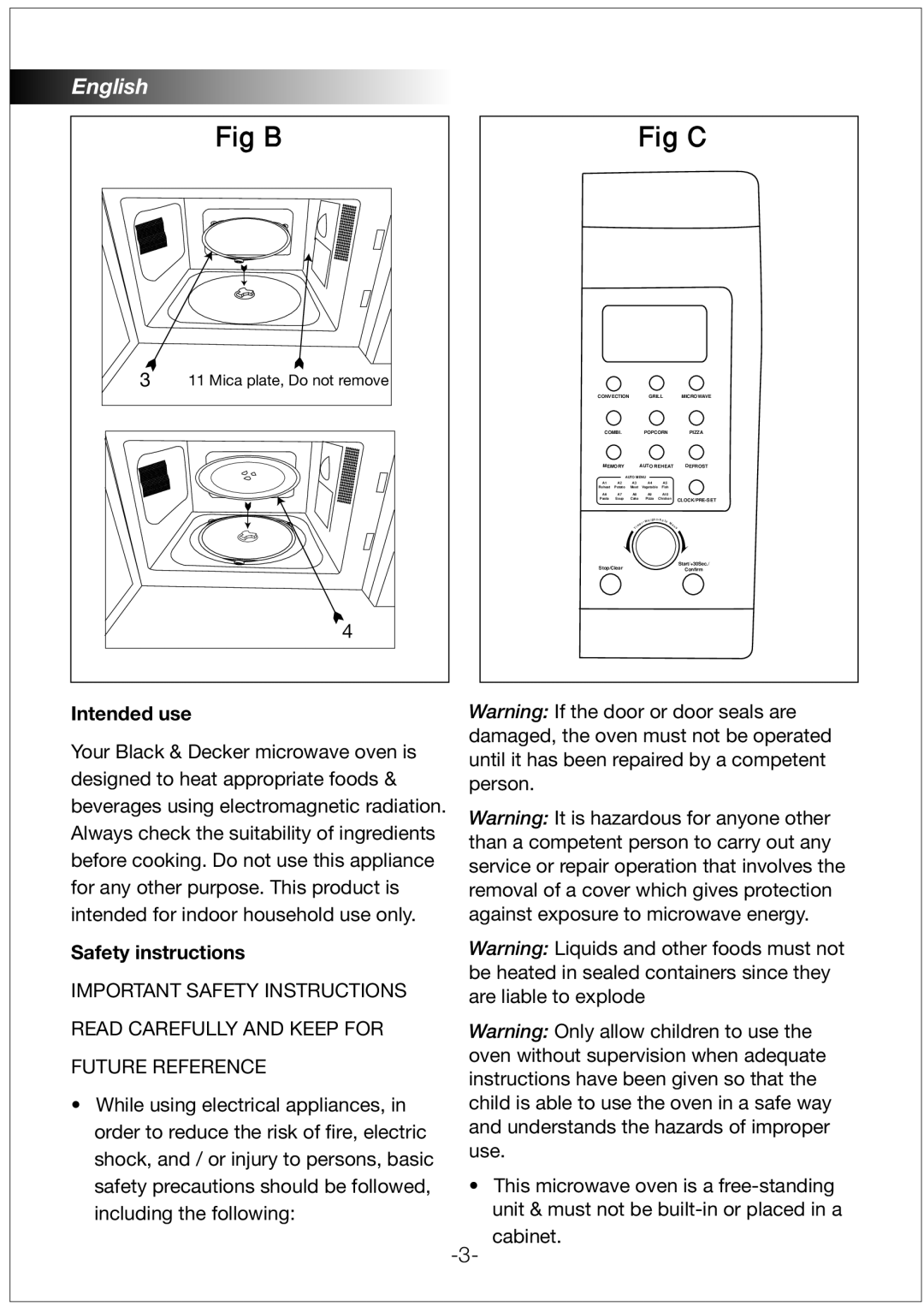 Black & Decker MZ32PCSSI manual Intended use, Safety instructions, Mica plate, Do not remove 