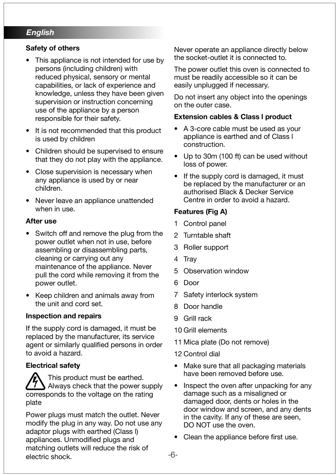 Black & Decker MZ32PCSSI manual Safety of others, After use, Inspection and repairs, Electrical safety, Features Fig a 