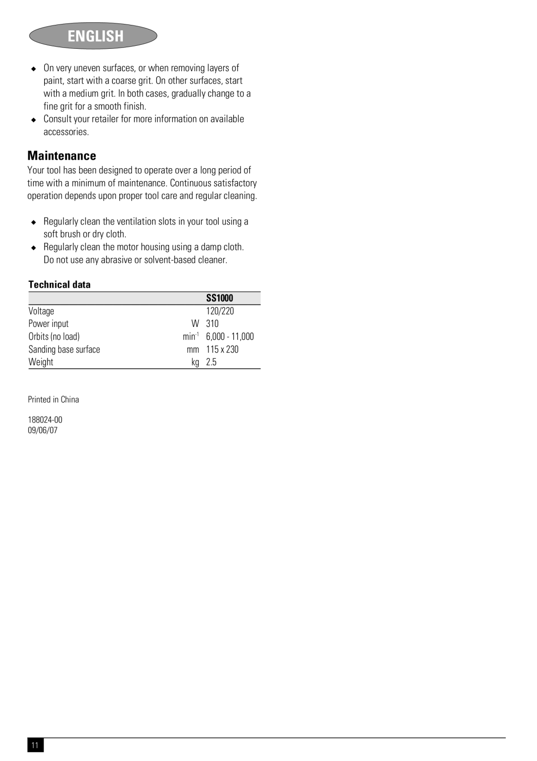 Black & Decker N SS1000 Maintenance, Technical data SS1000, Voltage 120/220 Power input 310 Orbits no load 