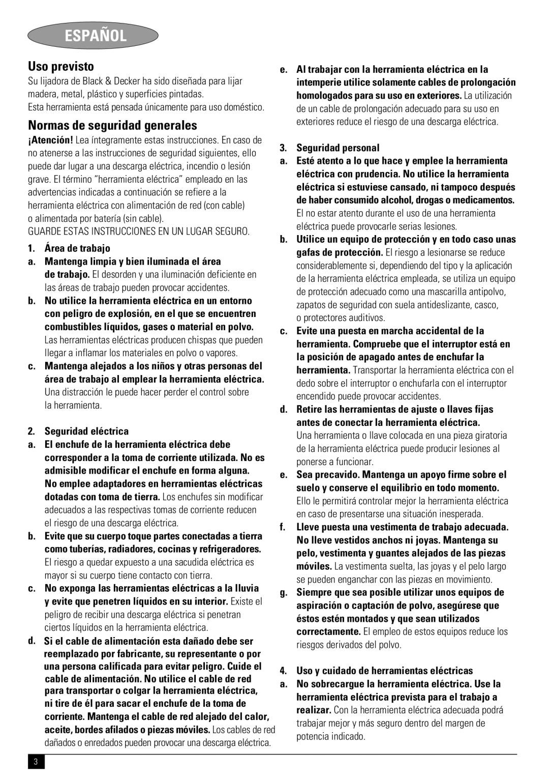 Black & Decker N SS1000 instruction manual Español, Uso previsto, Normas de seguridad generales 