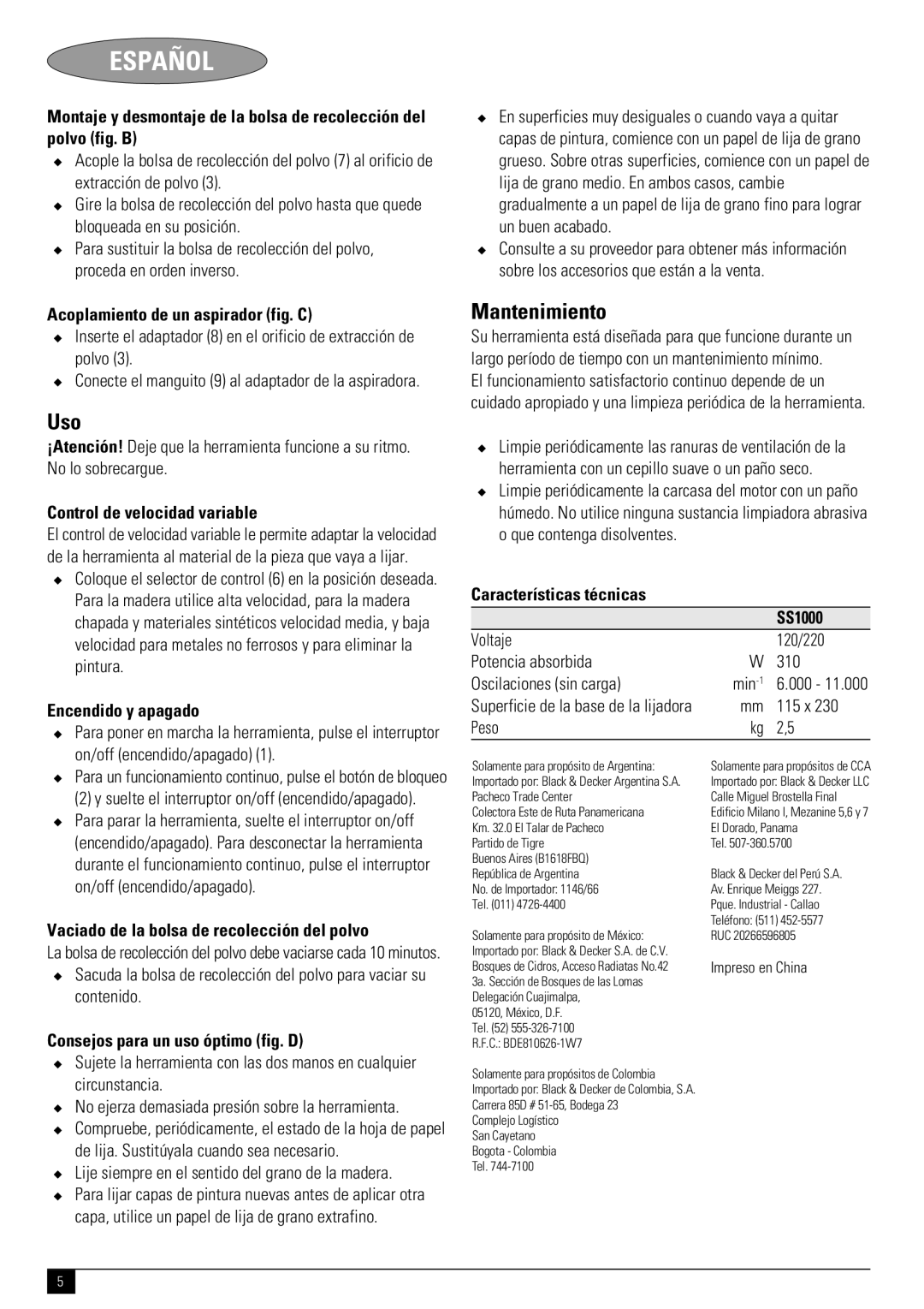 Black & Decker N SS1000 instruction manual Uso, Mantenimiento 