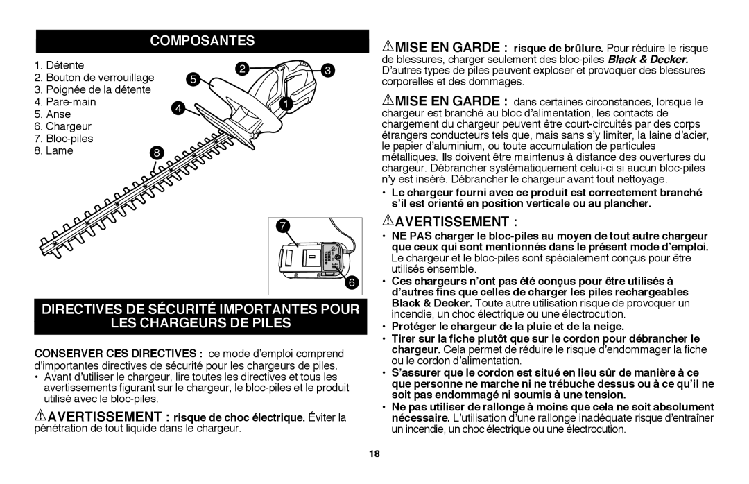 Black & Decker NHT2218 instruction manual Composantes, Avertissement 