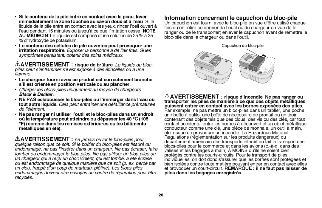 Black & Decker NHT2218 instruction manual Capuchon du bloc-pile 