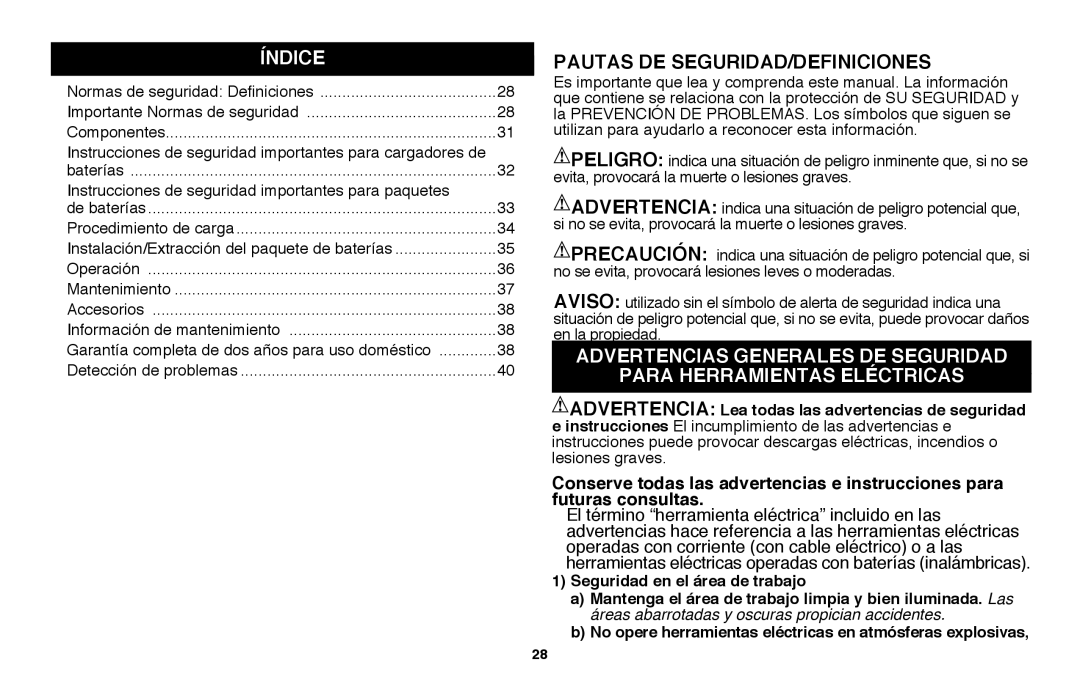 Black & Decker NHT2218 instruction manual Índice, Pautas DE SEGURIDAD/DEFINICIONES 