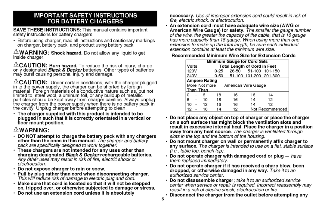 Black & Decker NHT2218 instruction manual Important safety instructions For battery chargers 