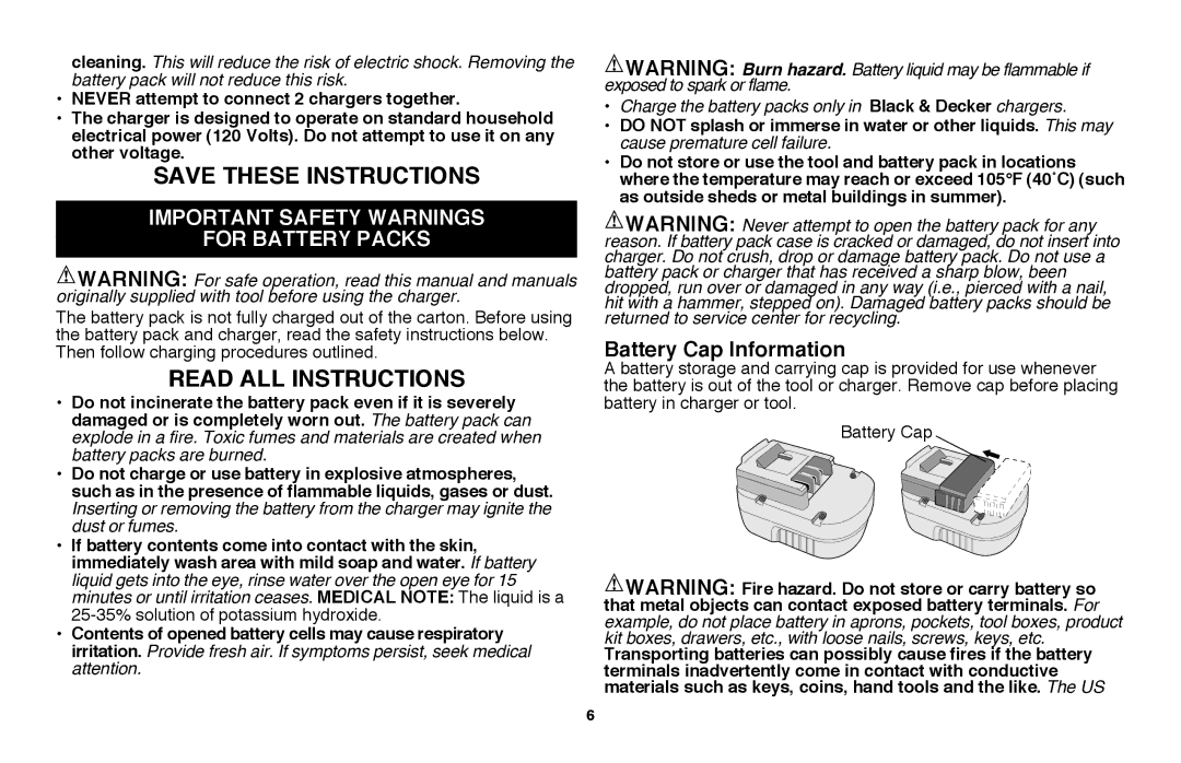 Black & Decker NHT2218 instruction manual Important safety warnings For battery packs, Battery Cap Information 