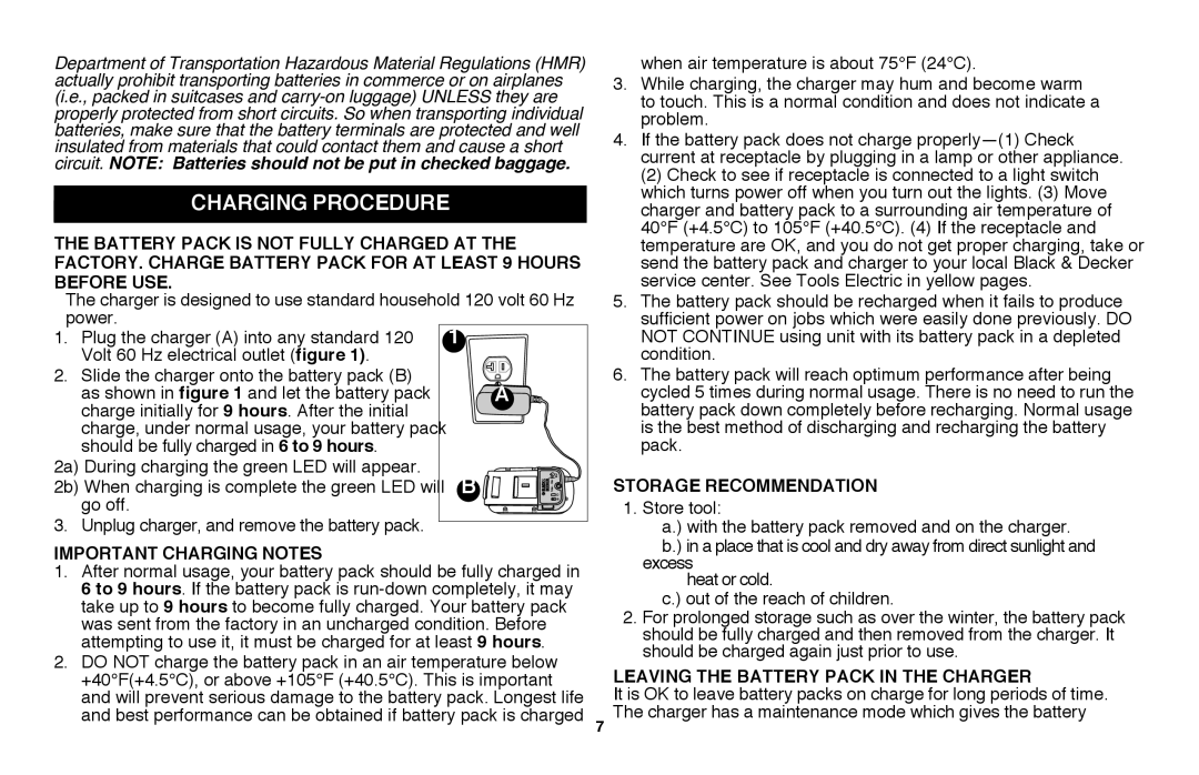 Black & Decker NHT2218 instruction manual Charging Procedure 