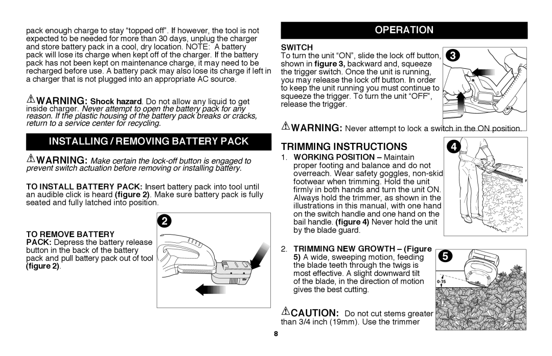 Black & Decker NHT2218 instruction manual Installing / Removing Battery Pack, Operation, Trimming Instructions, Switch 