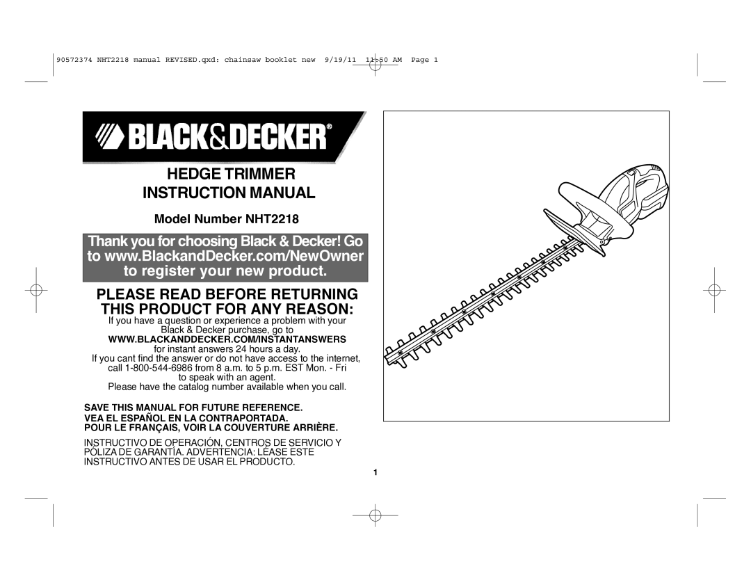 Black & Decker NHT2218 instruction manual Hedge Trimmer 