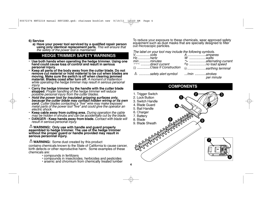 Black & Decker NHT2218 instruction manual Hedge Trimmer Safety Warnings, Components 