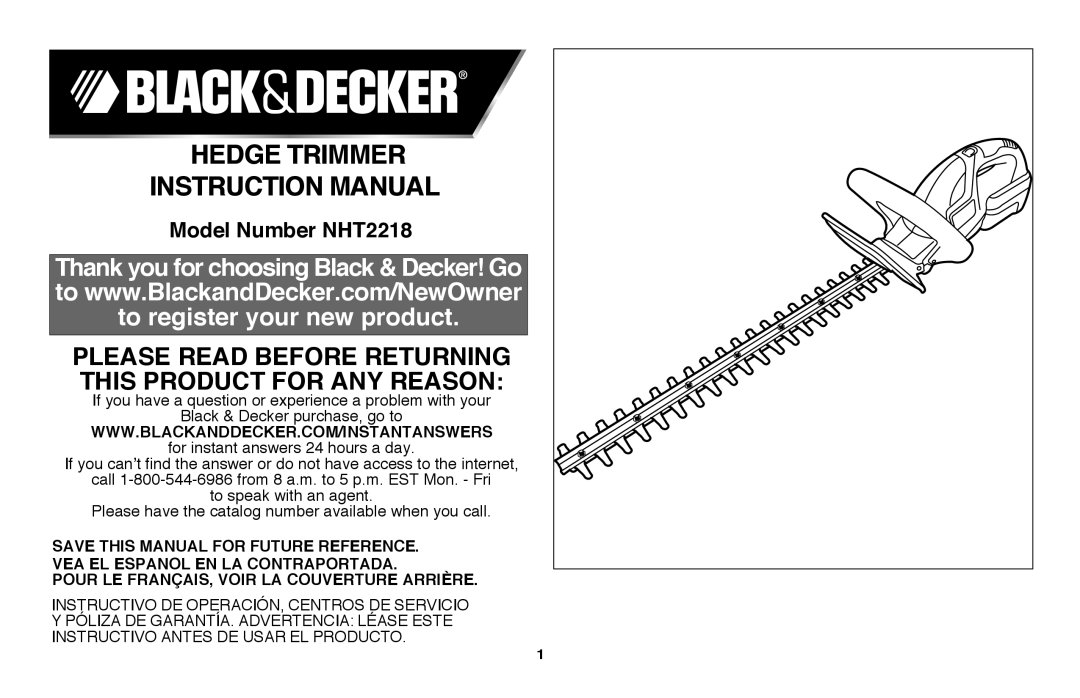 Black & Decker instruction manual hedge trimmer INSTRUCTION MANUAL, Model Number NHT2218 