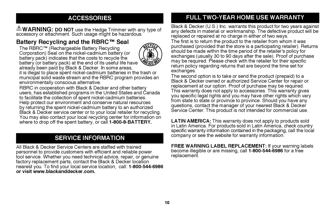 Black & Decker NHT2218 instruction manual Accessories, Battery Recycling and the RBRC Seal, Service Information 
