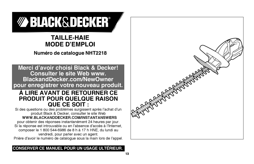 Black & Decker NHT2218 Taille-Haie Mode D’Emploi, Merci d’avoir choisi Black & Decker, Consulter le site Web www 