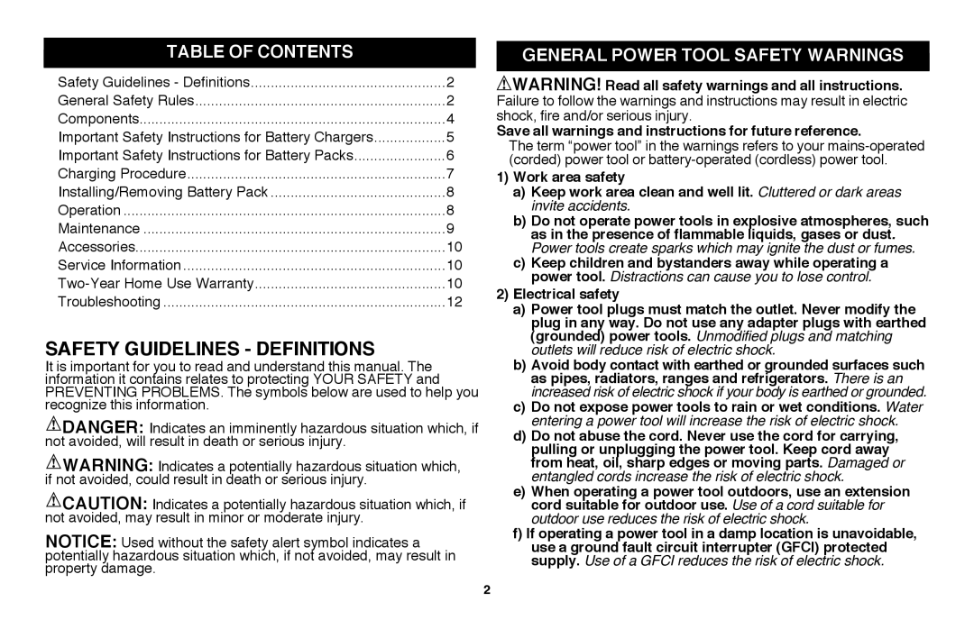 Black & Decker NHT2218 Safety Guidelines - Definitions, Table of Contents, general power tool safety warnings 
